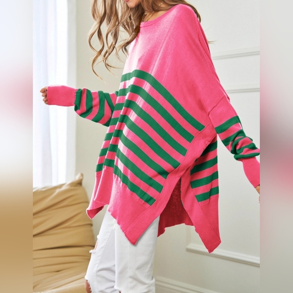 #207 🛑48 L FINAL PRICE Multi Striped Elbow Patch Loose Fit Sweater Top - Picture 9 of 10